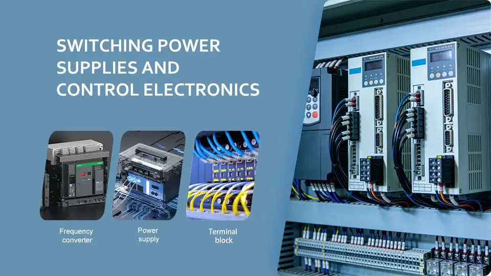 The image depicts the interior view of an elevator control panel, showcasing various system components such as VFDs, power supplies, and terminal blocks, all featuring organized cable routing to enhance performance and reduce electromagnetic interference. This setup is crucial for ensuring the reliability and safety of the elevator system during normal operation.